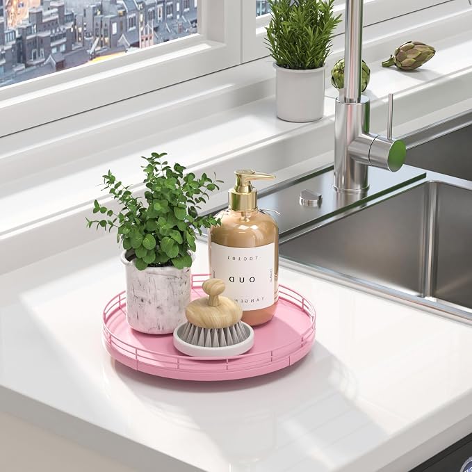 Oroyutor 10-Inch Oak Lazy Susan Vanity Tray, Pink Finish | Rotating oak tray organizes spices, toiletries and decor on kitchen counters, bathroom vanities, dining and coffee tables. - Image 3