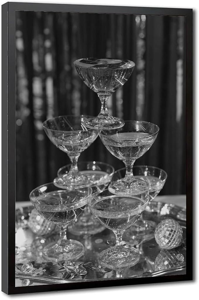 UXCBIA Stacked Champagne Glasses With Mirror Balls, Black And White, Wine Glasses Poster Canvas Poster Bedroom Decor Sports Landscape Office Room Decor Gift Black Frame 16x24in(40x60cm) by Unknown