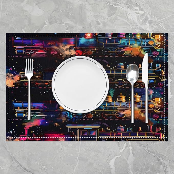 Feelyou Train Placemats Set of 4 Cartoon Train Transportation Table Mats for Party Kitchen Dining Decoration Transportation Vehicle Place Mat for Table Holiday Decor Indoor 18"x12" Easy to Clean - Image 2