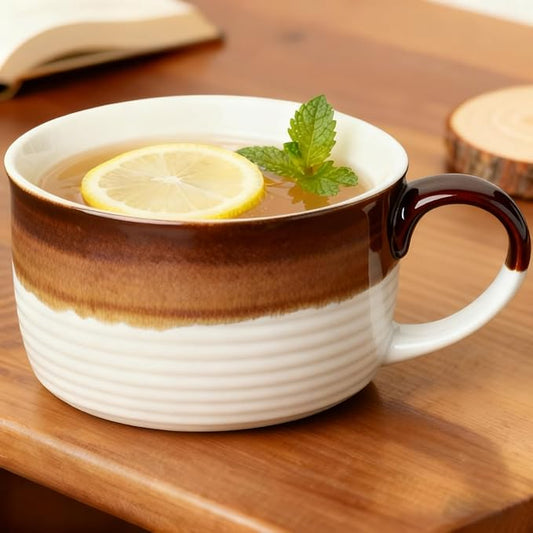 Disoza Oversized Coffee Mug 24 OZ Soup Mug Large Porcelain Soup Bowls with Handles White & Brown XXL Cereal 700 ML Ceramic Large Coffee Tea Cup by DISOZA