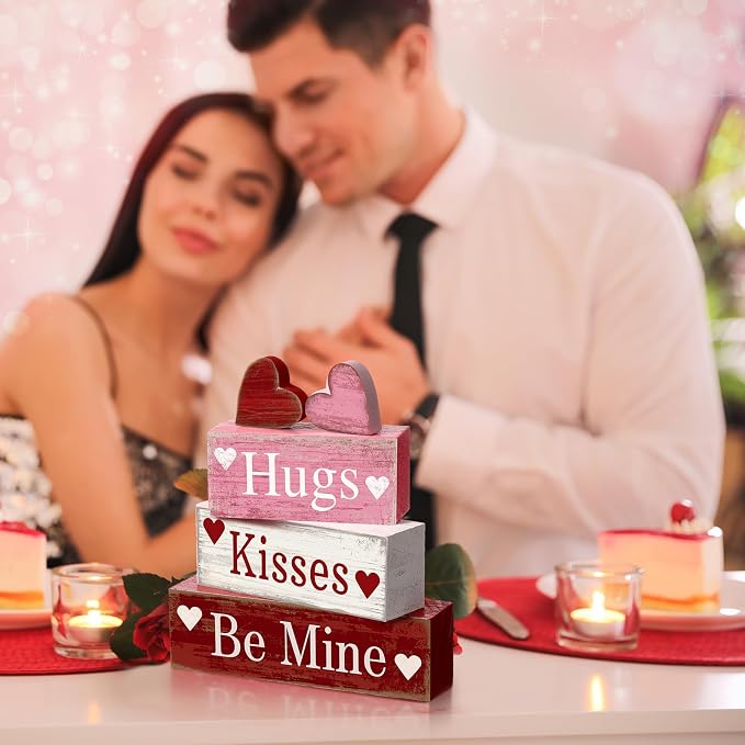 Moucuny 4 Pcs Valentine's Day Table Decorations Wooden Heart Valentine Tiered Tray Decor Valentine Day Centerpiece Rustic Decorative Heart Block Signs Gift Farmhouse Valentines Decor for Home Kitchen - Image 4