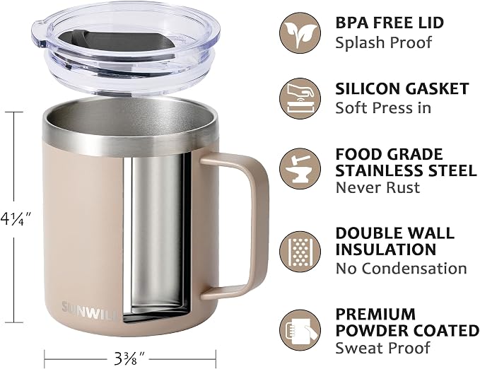 SUNWILL Travel Coffee Mug with Lid, Insulated Tumbler with Handle, 14oz Stainless Steel Cup for Camping, Office, Home, Powder Coated Taupe - Image 2