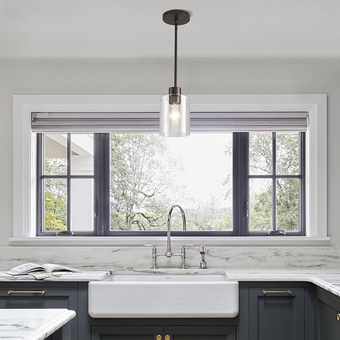 Oil Rubbed Bronze Pendant Lights Kitchen Island - Clear Glass Pendant Light Fixture Multiple Stems Rods 3 Units 12 Inch 3 Units 4 Inch (2 Pack Oil Rubbed Bronze Downrod) - Image 2