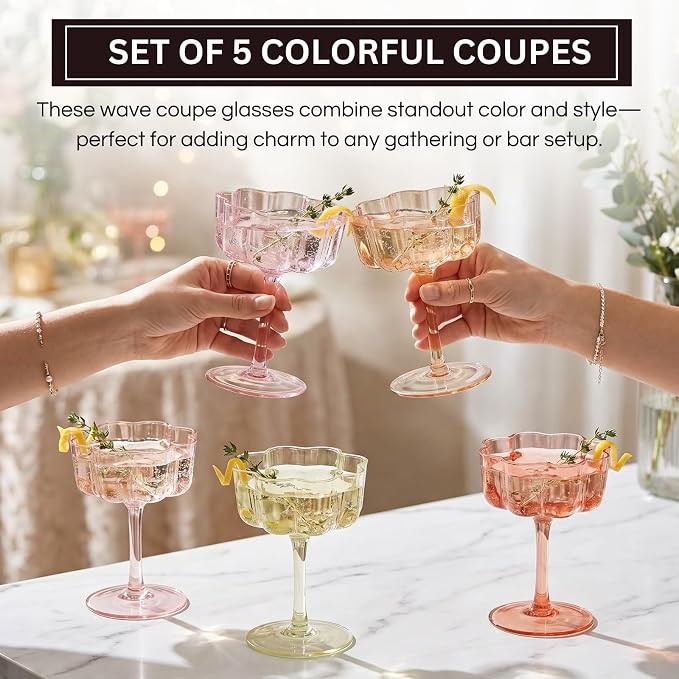 Summer Flower Scalloped Vintage Wavy Petals Wave Glass Coupes 7oz Colorful Martini, Champagne & Cocktails, 5 Set Colored Rippled Champagne Glasses, Elegant Bar Glassware, Aesthetic Coupe Glassware - Image 3