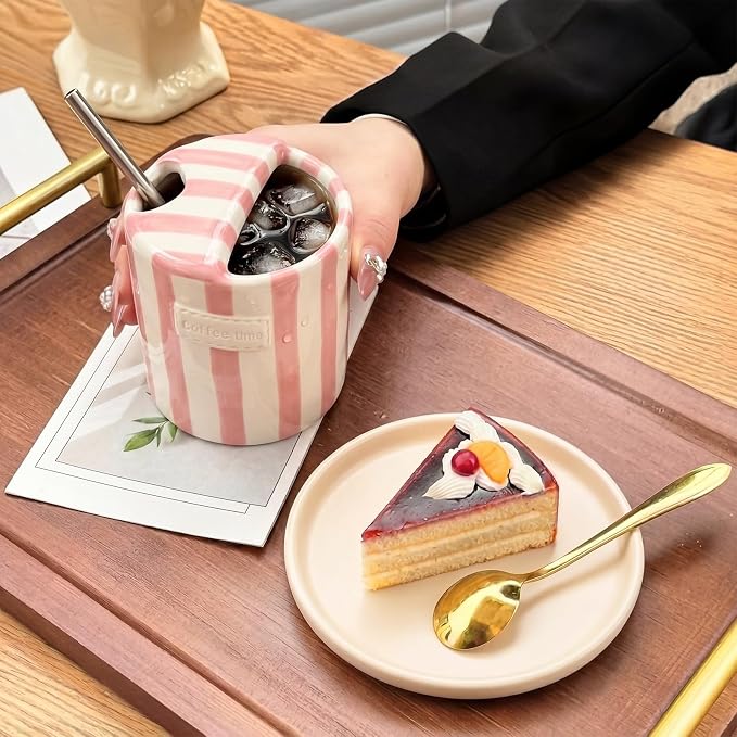 1 Pack Ceramic Coffee Mug with Sip Hole Espresso Cup 10oz with Straws Retro Hand Painted Striped Ceramic Iced Coffee Tea Travel Mug Latte Cup for Kitchen Dining (Simple,Pink) - Image 5