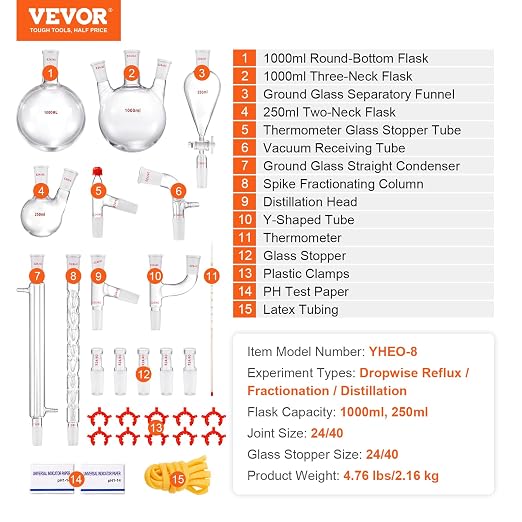 VEVOR Lab Distillation Kit, 3.3 Boro Lab Glassware Distillation Kit with 24, 40 Joint, 1000ml Essential Oil Distillation Apparatus Kit, 29 pcs Set of Glassware Equipment - Image 7