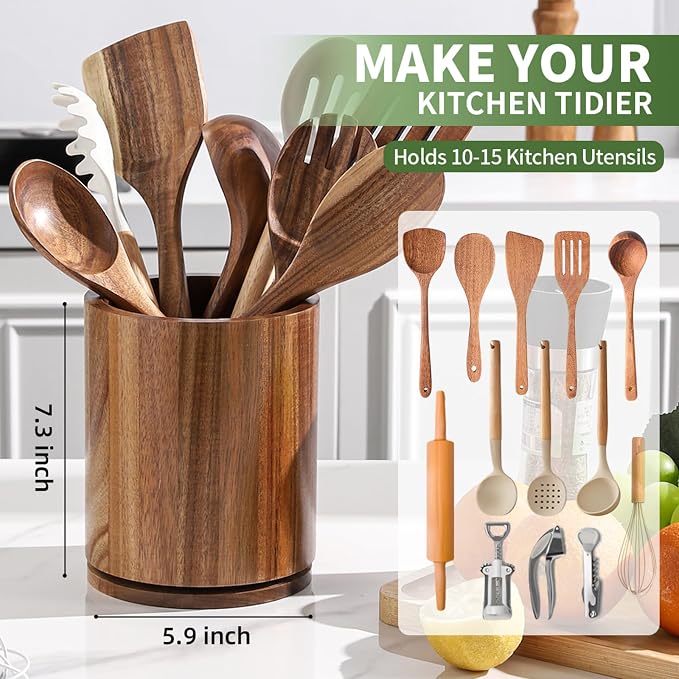 Acacia Wood Utensil Holder, 360° Rotating 7.3 in Kitchen Organizer | Rustic farmhouse countertop decor. Rotating base for easy access to spatulas, spoons, and cooking utensils. 7.3-inch capacity - Image 3
