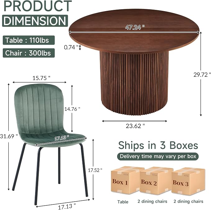 5 Piece Round Dining Table Set for 4, Mid Century Modern Wooden Kitchen Table and Chairs, Space-Saving Small Dinette Set (47 Inch Walnut Table+4 Green Chairs) - Image 5