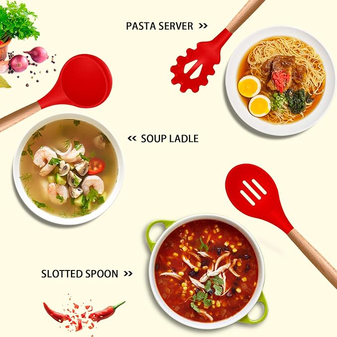 MIBOTE Silicone Cooking Kitchen Utensils Set, Wooden Handle, Red | BPA-Free, Non-Toxic Silicone Turner, Tongs, Spatula, Spoon Set – Great for Nonstick Cookware, Heat-Resistant, Easy Clean - Image 2