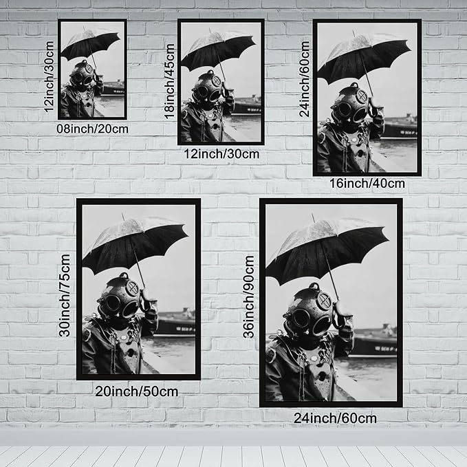 UXCBIA Deep Sea Diver Holding Umbrella, 1940s Paris, Black And White Vintage Photo, Lake House Poster Canvas Poster Bedroom Decor Sports Landscape Office Room Decor Gift Black Frame 20x30in(50x75cm) - Image 2