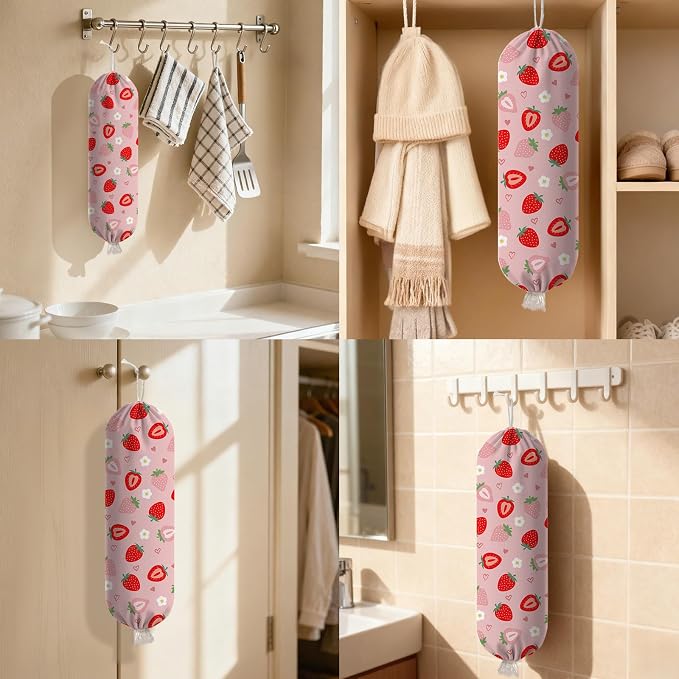 Strawberry Plastic Bag Holder Dispenser, Plastic Grocery Bag Organizer & Wall Mount Paper Trash Bags Saver Storage for Kitchen Home Pantry Decor, Kitchen Decor Shopping Bags Storage Dispenser - Image 7