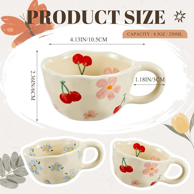 Vesici 2 Pcs Ceramic Coffee Mugs with Spoon, Vintage Floral Spring Mugs with Handle, 8.5 oz Aesthetic Flower Porcelain Tea Cup Set, Dishwasher & Microwave Safe Mothers Day Gifts for Mom(Lovely) - Image 2