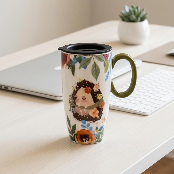 Ceramic Travel Mug with Lid - Tall Coffee Mugs with Handle, Porcelain Coffee & Tea Cup, Cute Hedgehog Design, Christmas Birthday Gifts for Women Man 20oz - Image 5
