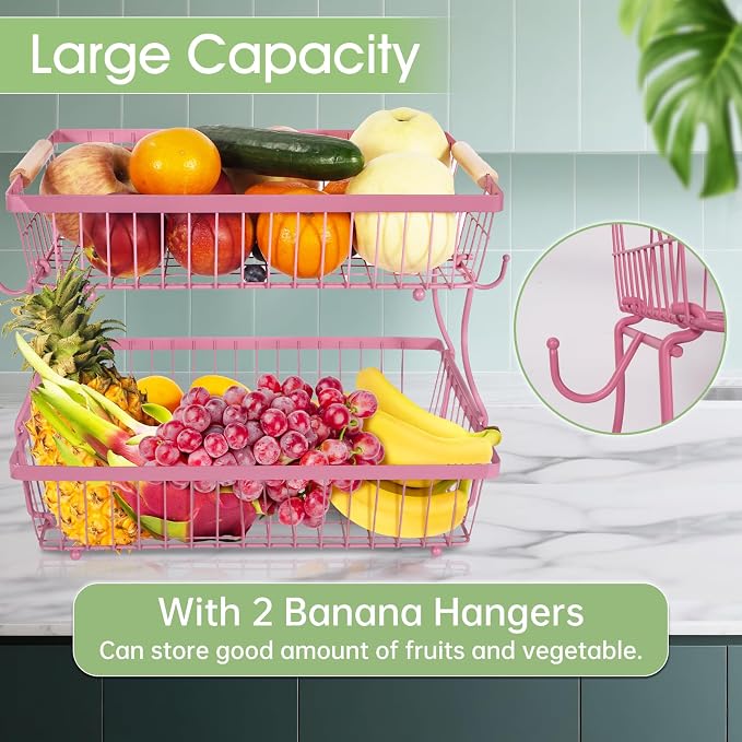 Fruit Basket Bowl 2 Tier Detachable with 2 Banana Hangers, Fruit Stand Holder for Kitchen Countertop, Metal Wire Vegetable Storage Organizer, for Bread Snack Veggies Produce, pink - Image 3