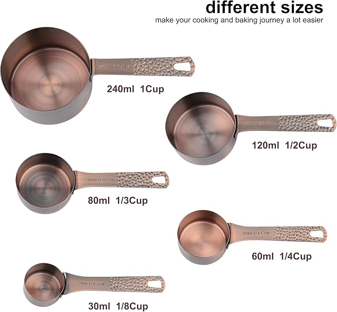 Copper Measuring Cups Set, Stainless Steel Copper Plated 5 Measuring Cups, Nesting Liquid Measuring Cup Set or Dry Measuring Cups Set for Baking and Kitchen