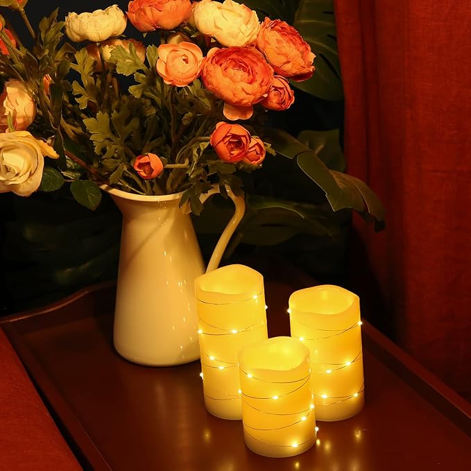 H-BLOSSOM Flickering Flameless Candles Ivory Real Wax Pillar with Embedded String Lights LED Candles Battery Operated with Cycling 5H Timer Set of 3 (3" x 4"/5"/6") (Ivory) - Image 3