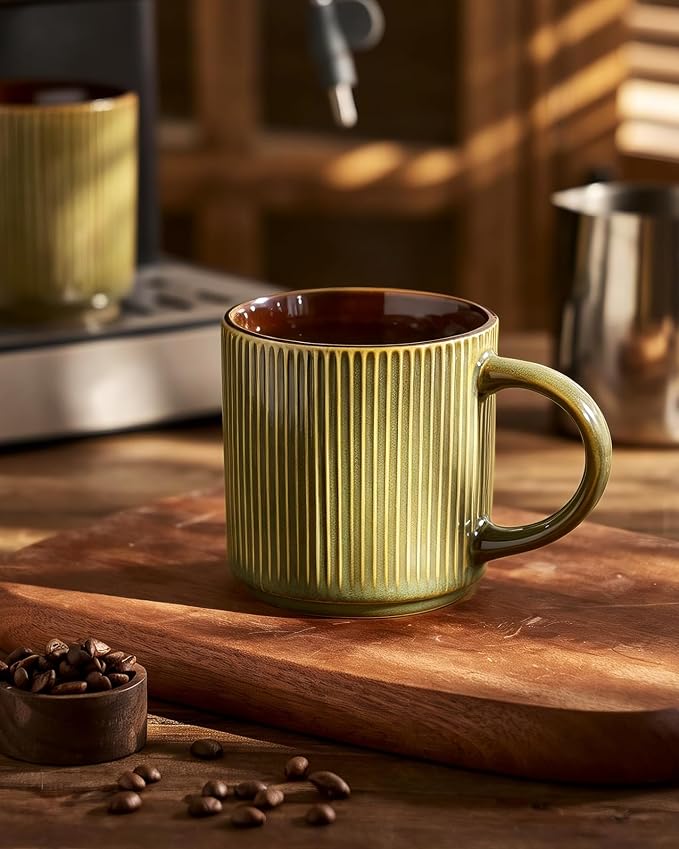 famiware Coffee Mug Set for 4, Star 12 oz Catering Mugs Cup Set with Handle for Coffee, Tea, Cocoa, Milk - Ceramic Stoneware Drinkware Set, Moss Cocoa - Image 4