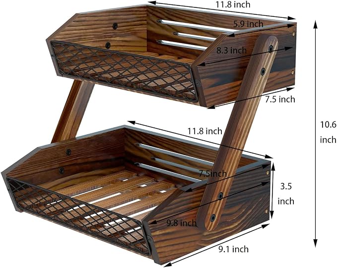 Dorhors Fruit Basket for Kitchen Counter Organizer,Fruit Bowl Stand Storage | 2 tier Rustic Brown Vegetable Holder,Wood Bread Display Rack,Kitchen Countertop Organizer Shelf for Snack,Onion,Banana,Potato - Image 5