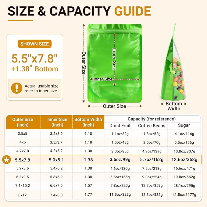 ANZNKU 100PCS Mylar Bags Resealable Small Smell Proof Bags(Green, 5.5x7.8) | Stand Up Foil Pouches Clear Window, Sealable Bags for Small Business Packaging Snack Party Favors Candy Treats Food Storage - Image 2