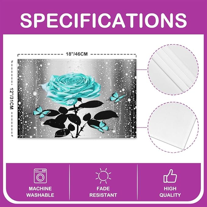 Feelyou Teal Water Rose Placemats Set of 4 Teal Butterfly Table Place Mats for Boys Girls Romantic Placemat for Kitchen Dining Table Floral Flower Indoor Outdoor Decor Table Mats 18"x12" - Image 4