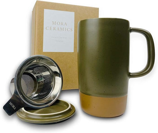 Mora Ceramics Large Tea Mug with Loose Leaf Infuser and Ceramic Lid, 18 oz, Portable, Microwave and Dishwasher Safe, Tall Coffee Cup - Rustic Matte Ceramic Glaze, Modern Herbal Tea Strainer, Olive by MORA