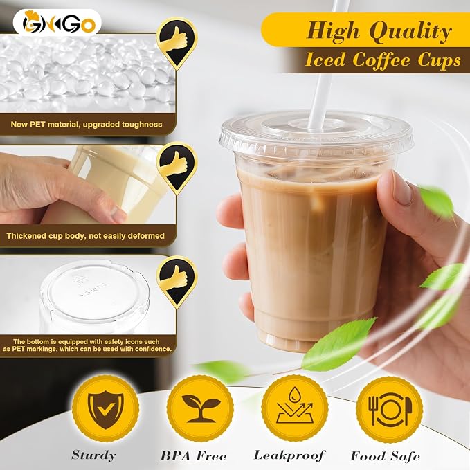 Ginkgo 100 Pack 12 oz Plastic Iced Coffee Cups with Lids and Straws | Disposable Clear To Go Cups for Milkshakes and Cold Beverages, Coffee Bar Essentials for Home and Shops - Image 4