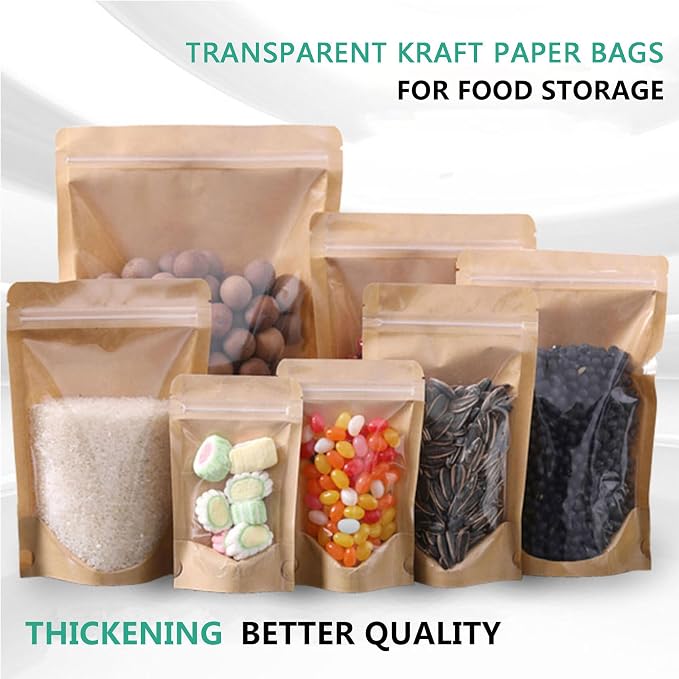 50pcs Kraft Bags With Window Clear Fornt Pouches Resealable Stand Up Zip Lock Food Storage Bags Brown 5.5"x7.8" - Image 6