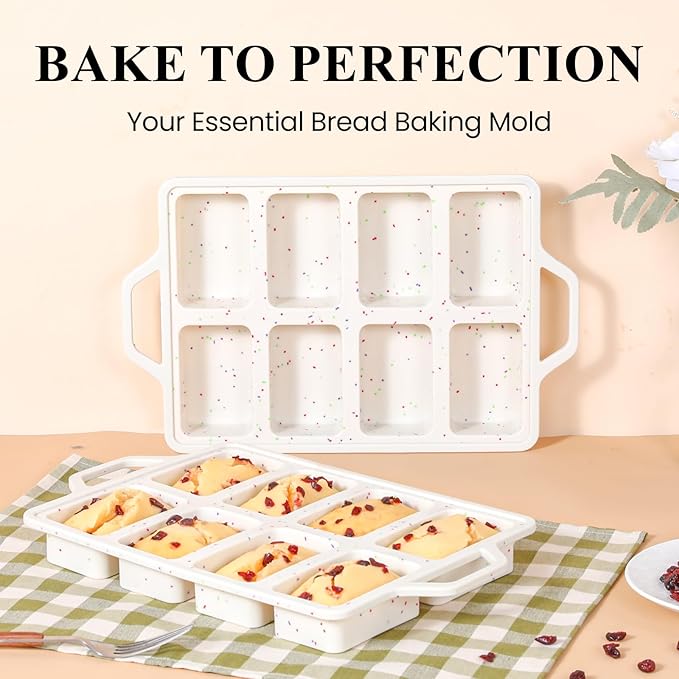 FUNBAKY Mini Loaf Pans with Metal Frame - Silicone Mini Bread Loaf Pans 8-Cavity BPA Free Nonstick for Baking Banana Bread, Cakes, Brownies, Meatloaf 2 Pack