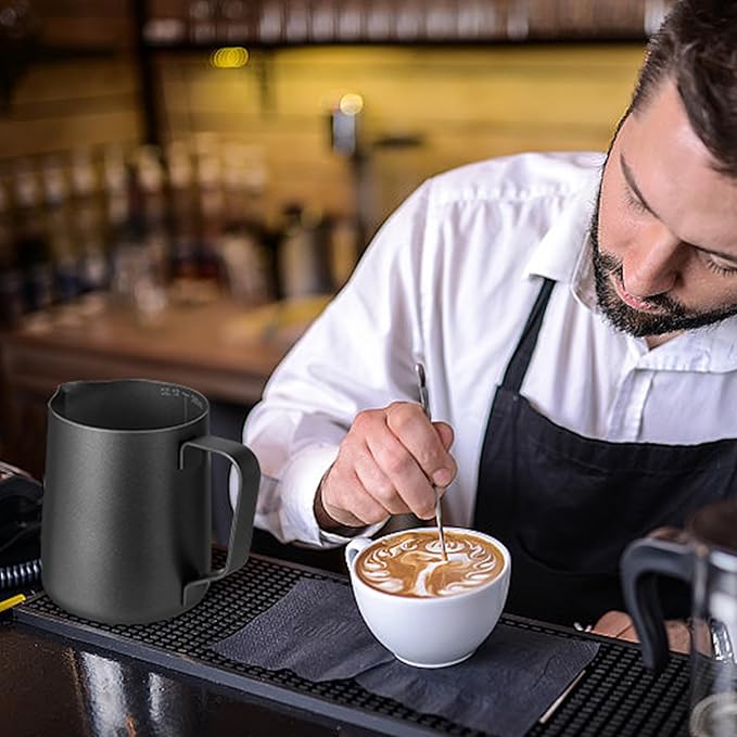 Milk Frothing Pitcher,Milk Steaming Frother Cup,Barista Cappuccino Latte Art Milk Jug with Decorating Pen,Stainless Steel Espresso Coffee Bar Accessories Tools (Black, 12oz)