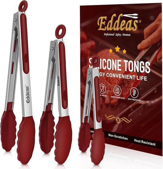 EDDEAS Tongs For Cooking - 7",9" and 12 inch Kitchen Tong with Silicone Tip,Heat Resistant 600 Degrees Metal Locking Tongs - for cooking,Salad and Barbecue,Red Set of 3 by Eddeas