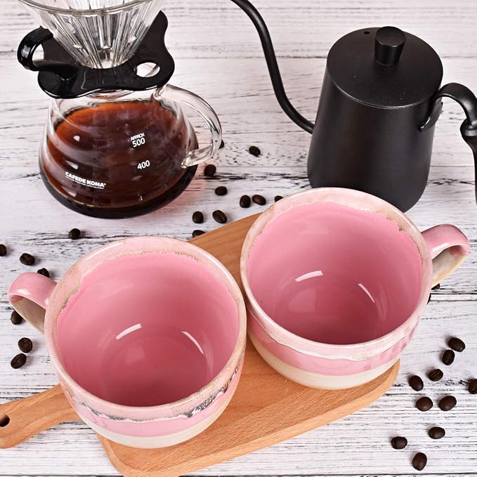 Bosmarlin Large Ceramic Coffee Mug Set of 2, Stoneware Jumbo Latte Mugs Tea for Office and Home, 16 Oz, Dishwasher and Microwave Safe(Pink, 2) - Image 6