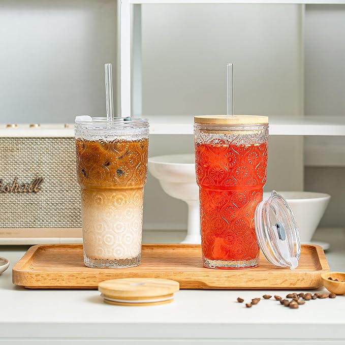 SoulTimes 20oz Begonia Flower Glass Tumbler with Bamboo Lid and Straw–Iced Coffee Glasses Cups for Smoothie, Matcha, Juice, Water etc. Leakproof and Reusable Glassware Drinking for Travel To Go [2Pcs] - Image 2