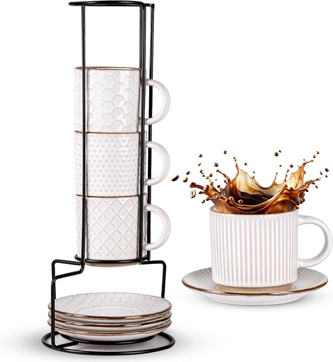 GBhome 6 OZ Stackable Coffee Mugs Set of 4, Ceramic Espresso Coffee Cups | Coffe Cups With Saucer and Stand, Dishwasher&Microwave Safe, 4 Assorted Designs by GBhome