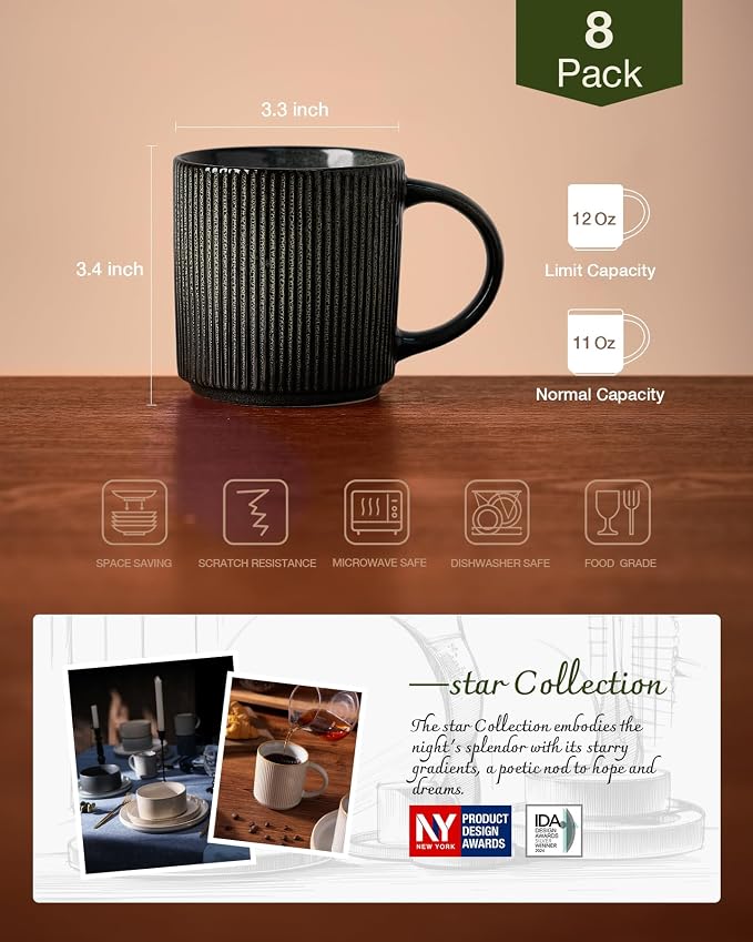 famiware Coffee Mug Set for 8, Star 12 oz Catering Mugs Cup Set with Handle for Coffee, Tea, Cocoa, Milk - Ceramic Stoneware Drinkware Set, Deep Forest - Image 4