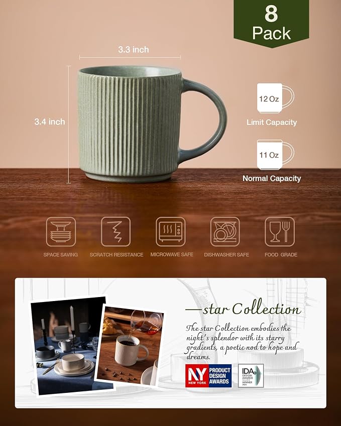 famiware Coffee Mug Set for 8, Star 12 oz Catering Mugs Cup Set with Handle for Coffee, Tea, Cocoa, Milk - Ceramic Stoneware Drinkware Set, Matte Green - Image 4