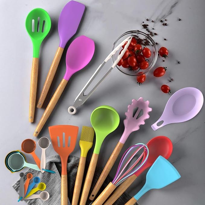 Umite Chef Kitchen Cooking Utensils Set, 33 pcs Non-stick Silicone Cooking Kitchen Utensils Spatula Set with Holder, Wooden Handle Silicone Kitchen Gadgets Utensil Set (Colorful) - Image 2