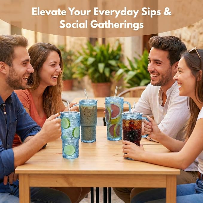 20 oz Blue Glass Tumbler with Lid and Straw, Glass Iced Coffee Cups, Spill-proof Glasses Tumbler with Handle, Hobnail Glasses Drinking Set of 2, Vintage Glassware for Cocktail, Smoothies - Image 6