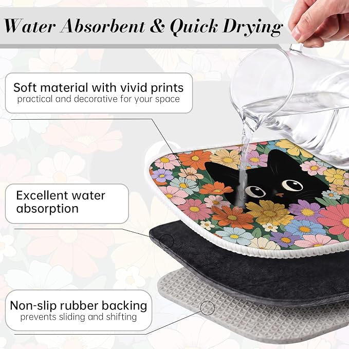 Black Cat Floral Dish Drying Mat for Kitchen Counter Coffee Bar 18x24 in | Non Slip Absorbent Kitchen Dishes Drainer Mat, with Anti-slip Rubber Backing & Hanging Loop, Decor for Sink, Cat Theme Gifts - Image 4