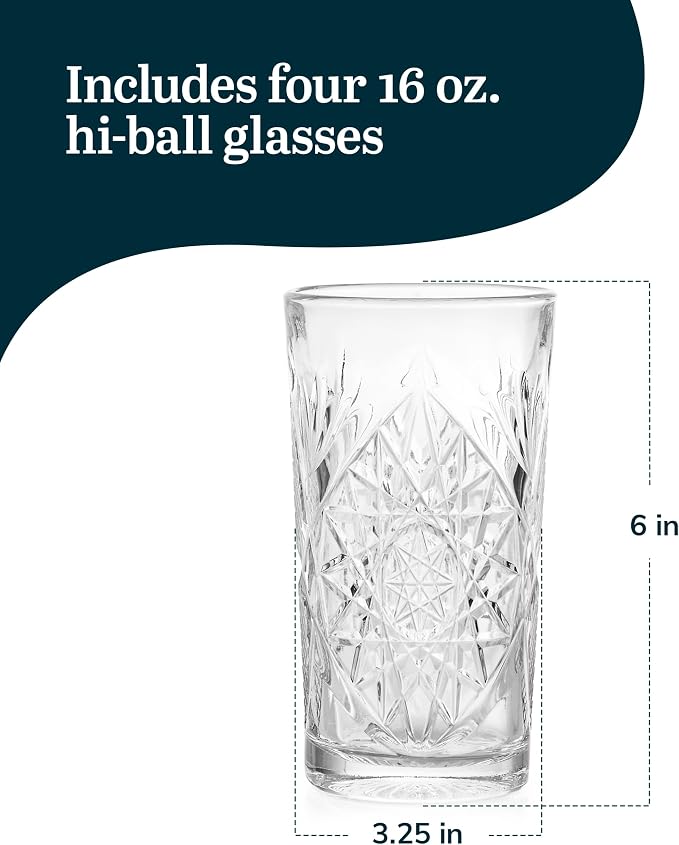 Libbey Hobstar Cooler Glasses, Cut Glass Drinking Glasses Set of 4, Hi-Ball Textured Drinking Glasses, 16 oz Cocktail Glass Set for Soda, Mixed Drinks - Image 3