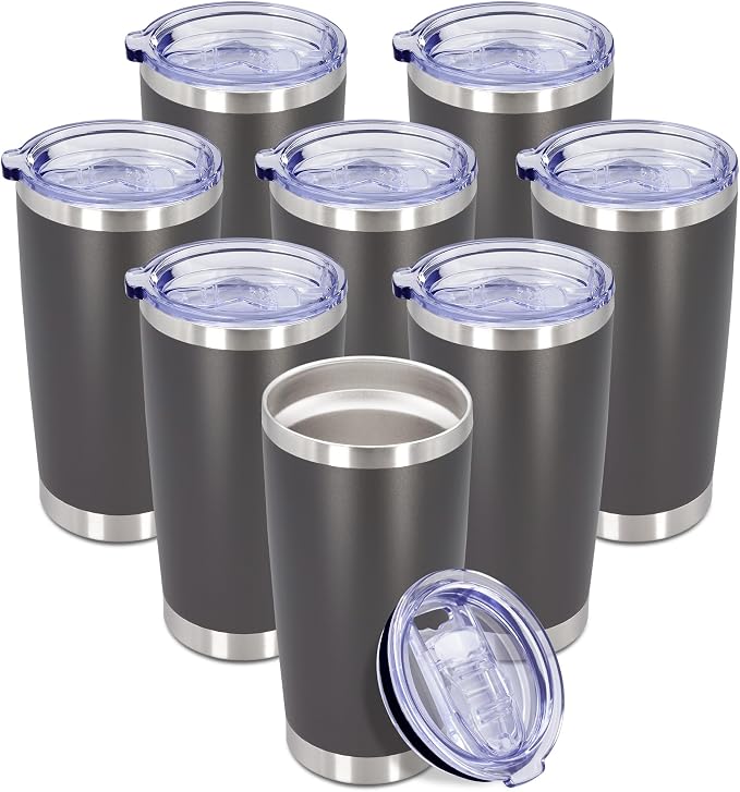 20oz Tumbler Insulated Coffee Tumblers with Lid Stainless Steel Grey 8P | 20 oz Tumblers Double Wall Insulated Vacuum 20oz Coffee Mug Leak Proof Tumblers with Lid Powder Coated - Grey 8 Pack by AEPDTD