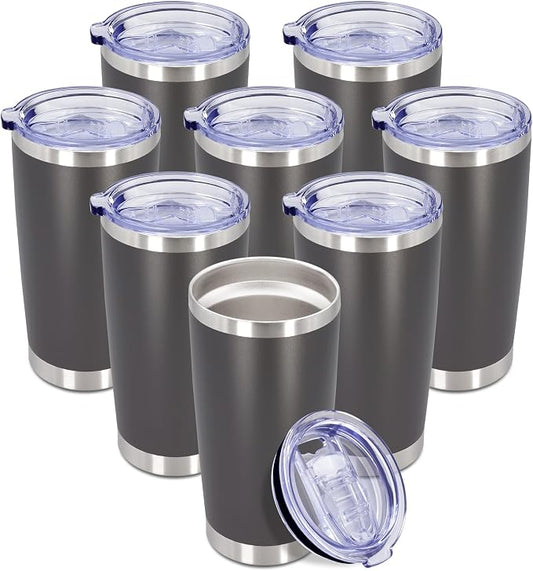 20oz Tumbler Insulated Coffee Tumblers with Lid Stainless Steel Grey 8P | 20 oz Tumblers Double Wall Insulated Vacuum 20oz Coffee Mug Leak Proof Tumblers with Lid Powder Coated - Grey 8 Pack by AEPDTD