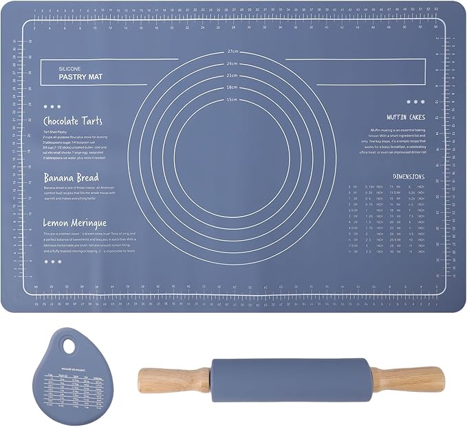 Keenso Silicone Pastry Mat Rolling Pin Set with Measurements for Baking Pizza Pies Bread Blue 3 Pieces - Image 6