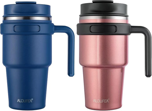 20 oz Insulated Travel Coffee Mug Tumbler with Handle and Straw | Leakproof Stainless Steel Coffee Cup with Lid, Double Wall Vacuum Ice Thermal Cup, Navy and Rose Gold by ALOUFEA
