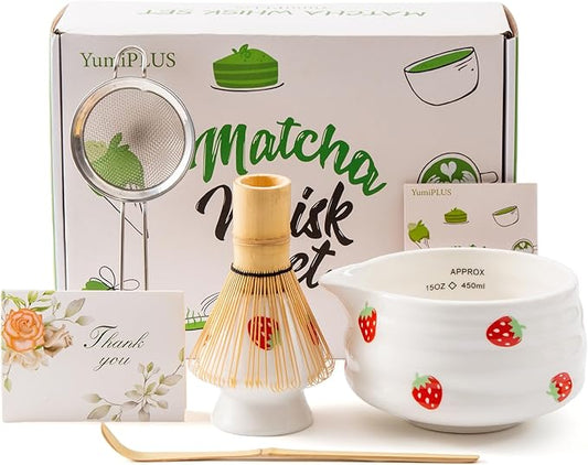 5pcs Premium Matcha Set,Ceramic Bowl with Spout and Bamboo Whisk set, Ceremonical Matcha Kit for breakfast/latte,Tea Starter Making Kit,Unique Matcha Gift set (strawberry)