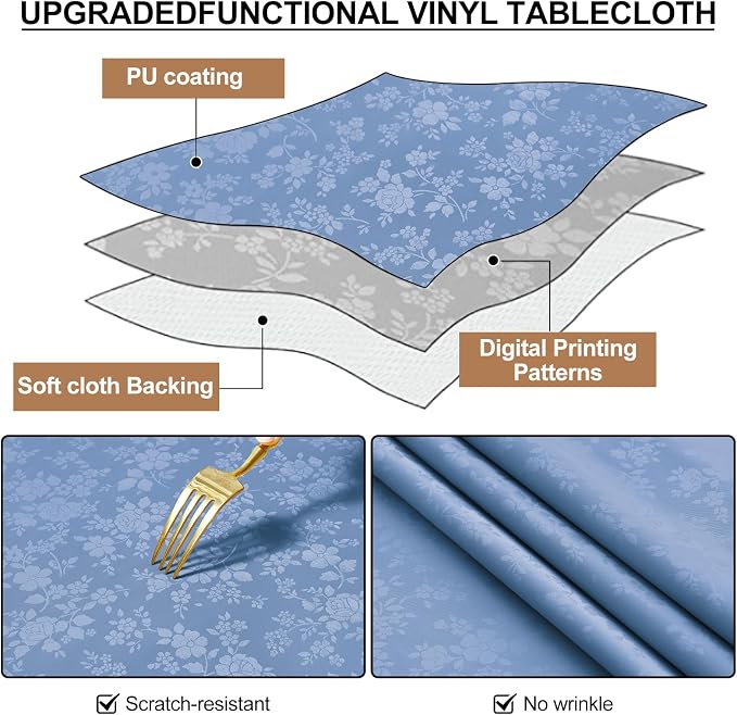 Smiry Round Waterproof Heavy Duty Vinyl Tablecloths, 70 x 70 Inch | Wipeable Washable Floral Embossed Table Cover for Kitchen and Dining Room, Indoor & Outdoor Use, Haze Blue - Image 5