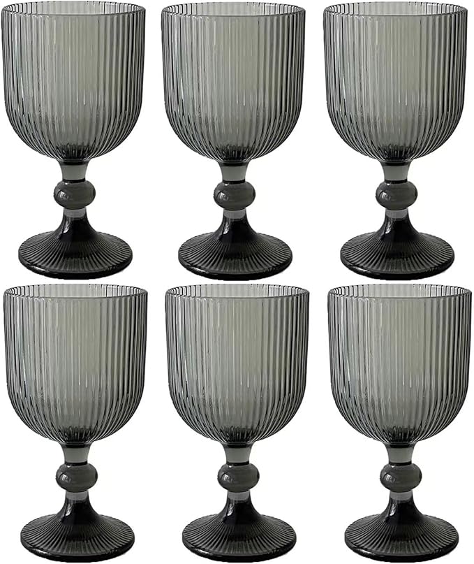 Taganov Water Goblets set of 6 Vintage Glassware 13 oz Colored Wine Glass Drinking Glass Vertical Line Embossed Pattern Stemmed Cups for Wedding Party Bar Grey by Taganov