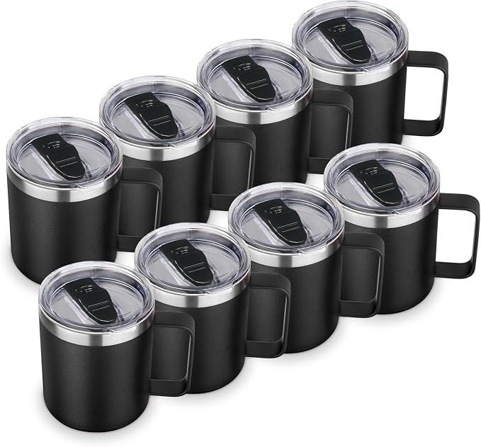 Volhoply 14oz Insulated Stainless Steel Coffee Mug with Lid Bulk 8 Pack,Double Wall Vacuum Travel Coffee Cup with Handle,Reusable Metal Cups Tumbler,Camping Mugs Keep Hot,Ideal Gifts(Black,8) by LiveFully%EF%BC%8CDrinkFreely%E2%80%94KeepGoingwithVolhoply%EF%BC%81