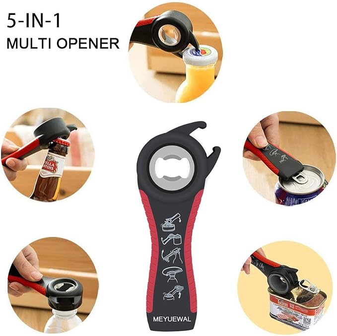 Jar Opener Bottle Opener for Weak Hands, 5 in 1 Multi Function Can Opener Bottle Opener Kit with Silicone Handle Easy to Use for Children, Elderly and Arthritis Sufferers (New red) - Image 3