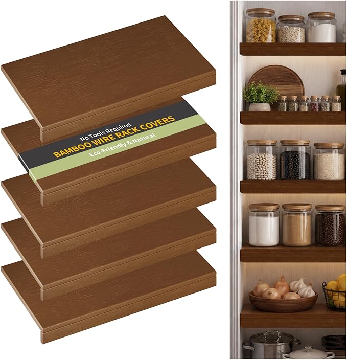 Wire Shelf Covers, Bamboo Wire Rack Covers for Pantry, Closet，Kitchen (5pcs, 30" W x 16" D, Walnut) by ClimbHope