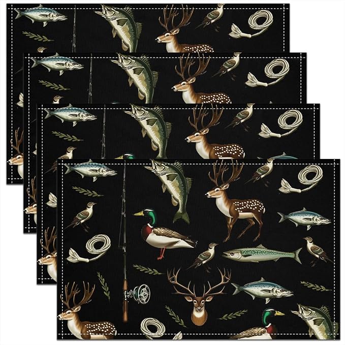 Feelyou Hunting and Fishing Placemats Set of 4 Deer Hunting Table Mats Rustic Cabin Lake House Place Mat for Kitchen Dining Table Party Decor Indoor Outdoor 18"x12" Non-Slip Easy to Clean by Feelyou